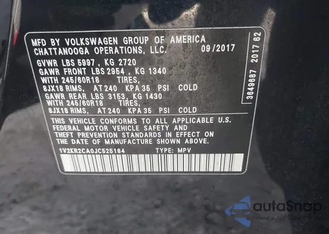 2018 Volkswagen Atlas 3.6L V6 Se from USA, damaged, VIN 1V2KR2CA0JC525184